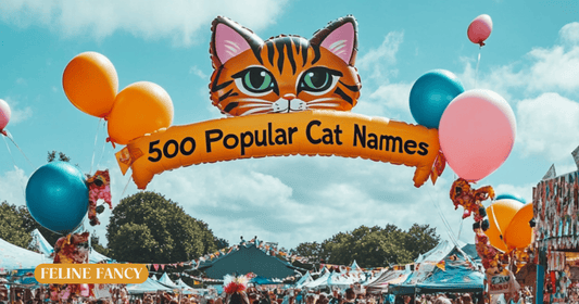 An outdoor cat festival set in a sunny park with stalls, bunting, and costumed cats. A giant balloon arch at the entrance is shaped like a cat face, and across the arch it says "500 Popular Cat Names"