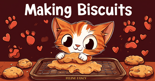 A playful cartoon of a smiling cat with big eyes kneading dough on a baking tray, surrounded by hearts and paw prints, with "Making Biscuits" in bold comic font at the top