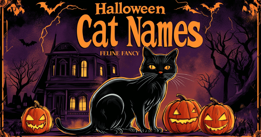 A vintage-style Halloween poster featuring a stylized black cat with arched back in front of a haunted house, jack-o'-lanterns at its feet, and lightning in the background.