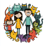 Cartoon family with cats in a circle