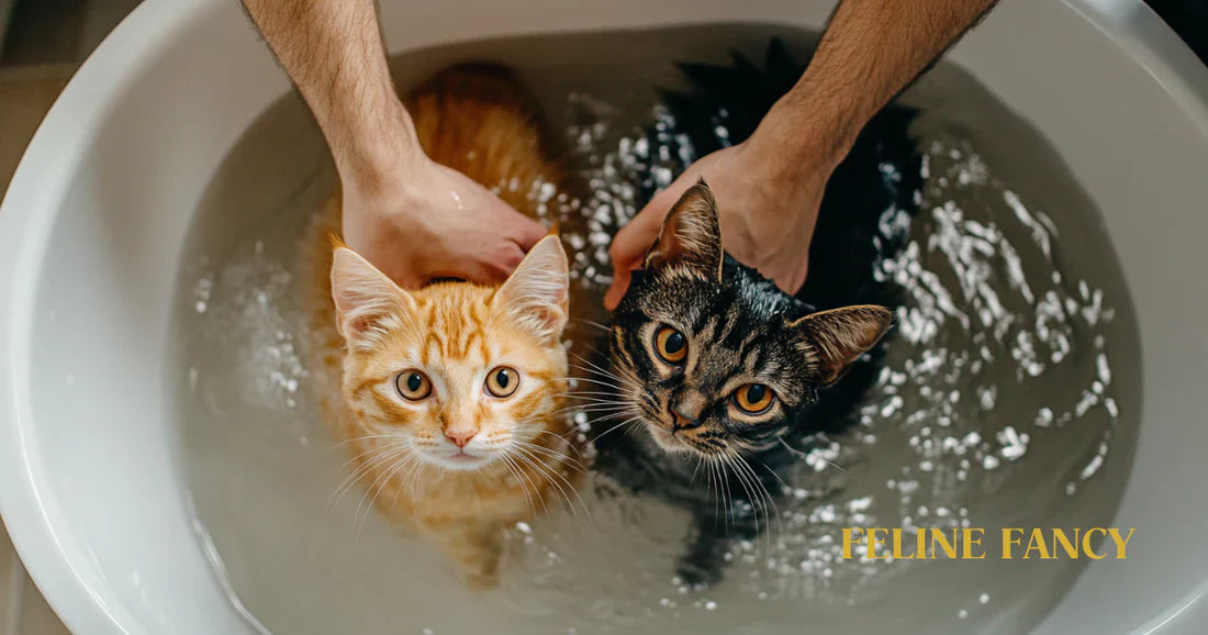 Cats in Bath with Feline Fancy Logo.