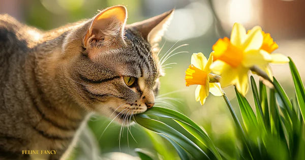 A tabby cat nibbling on a daffodil leaf in a garden