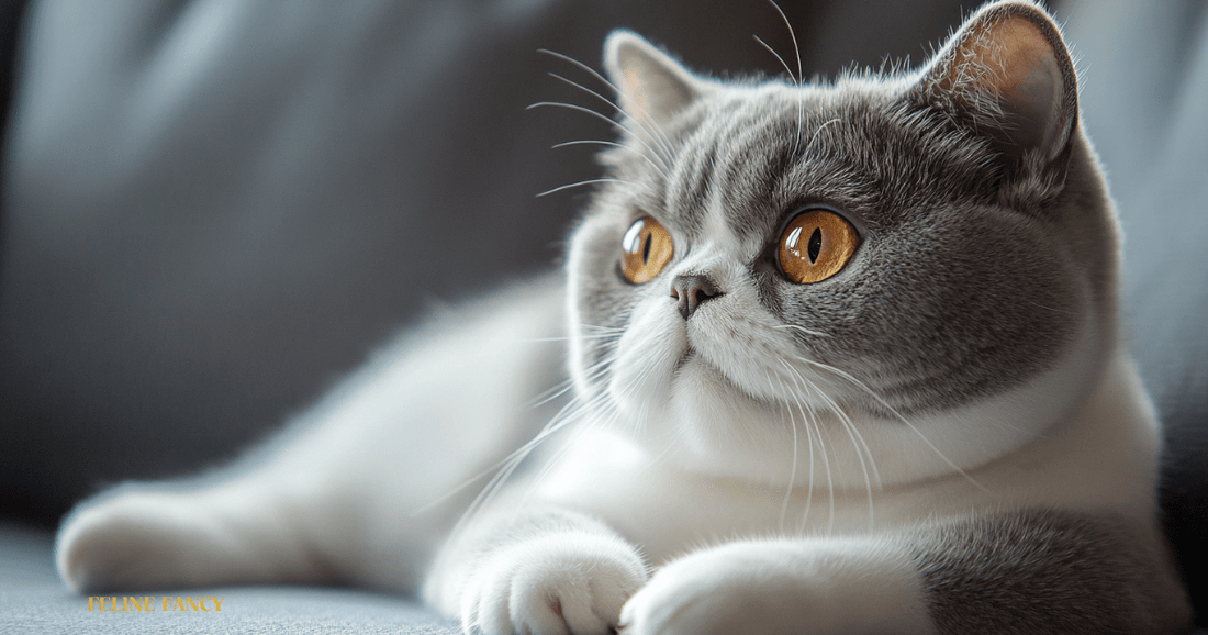 Exotic Shorthair Cat laying on bed.