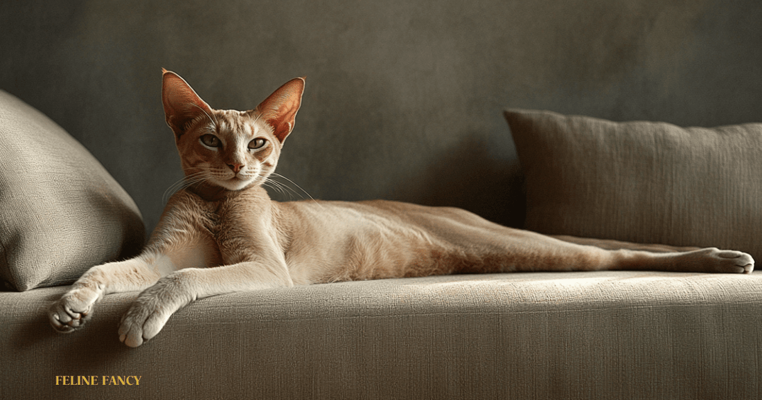 Oriental Short Hair Laying Down with Feline Fancy logo.