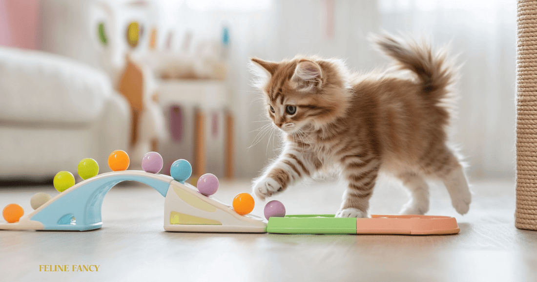 Kitten playing with Kitten Toy with Feline Fancy Logo.