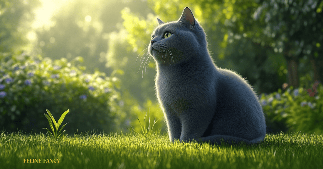 British Shorthair Cat looking at grass 