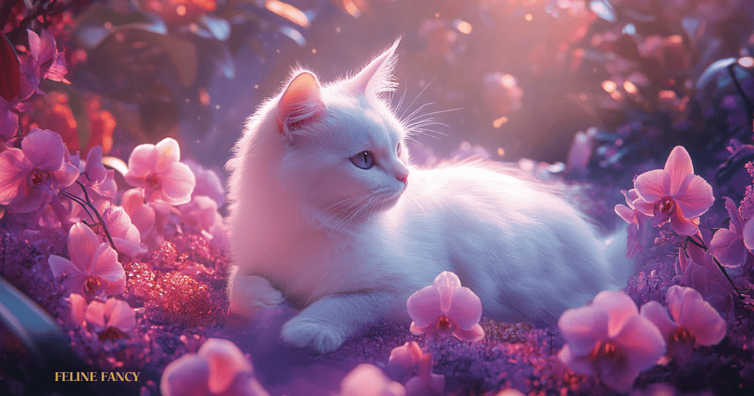 A dreamy fantasy setting with a white cat sitting on a bed of glowing orchids, with ethereal light illuminating both the cat and the flowers. 