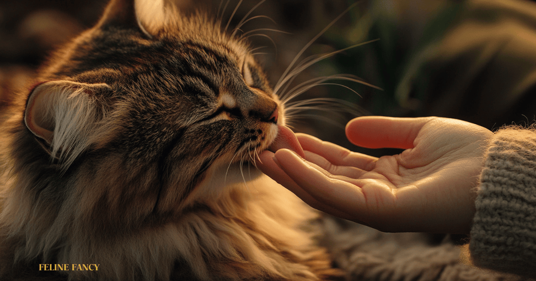 A heartwarming and detailed image of a fluffy domestic cat gently licking a person's hand, conveying affection and bonding. 