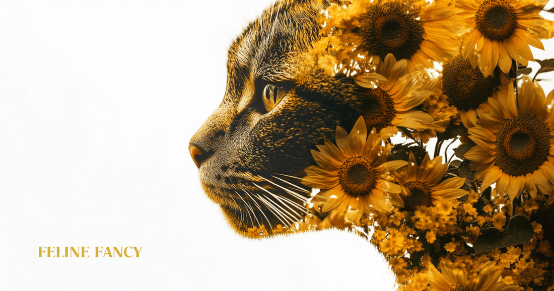 A visually striking composite where half of a cat’s face or silhouette is formed by vibrant sunflowers in full bloom, merging nature with feline features to symbolize the topic’s duality.