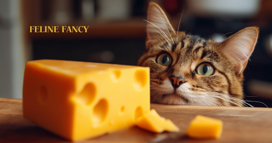 Cat looking at eating cheese with Feline Fancy logo.