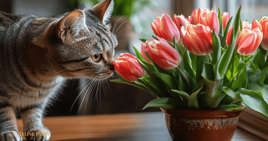 Cat with Tulips with Feline Fancy Logo.