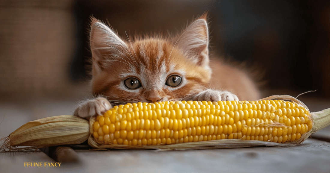 Cat with Sweetcorn with Feline Fancy Logo.