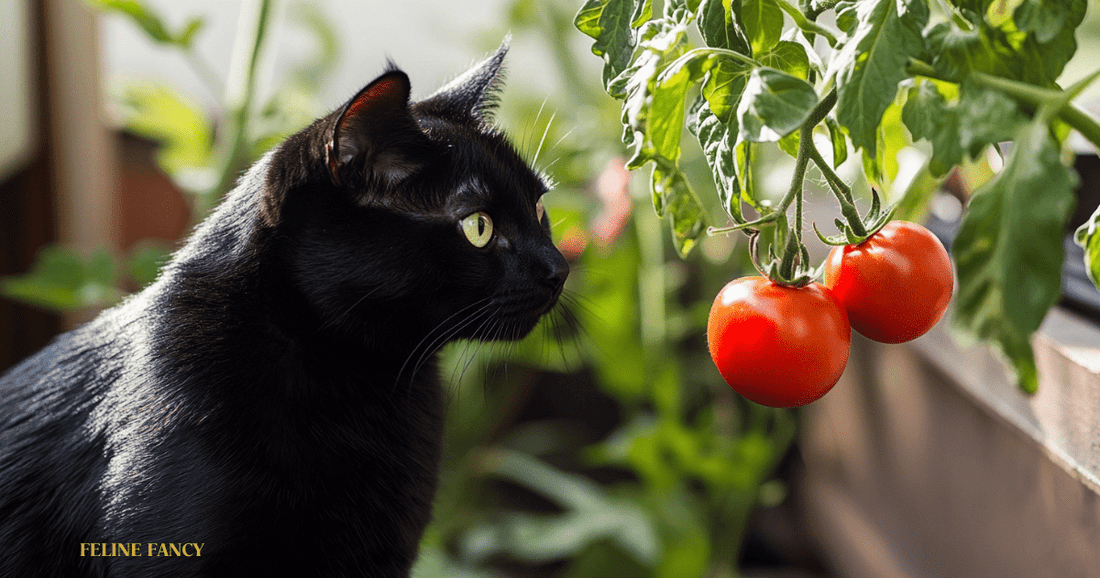 Cat with Tomato & Feline Fancy Logo.