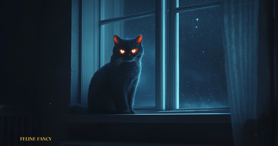 A cat at night with Feline Fancy Logo