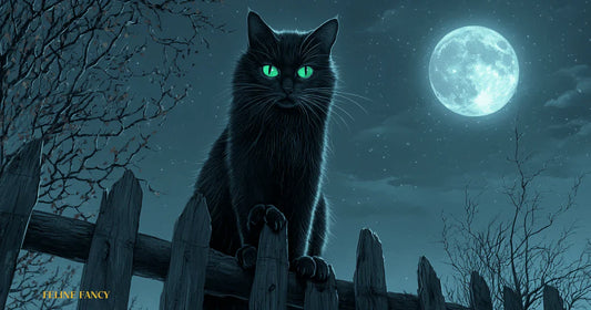 A sleek black cat with glowing green eyes perched on a fence