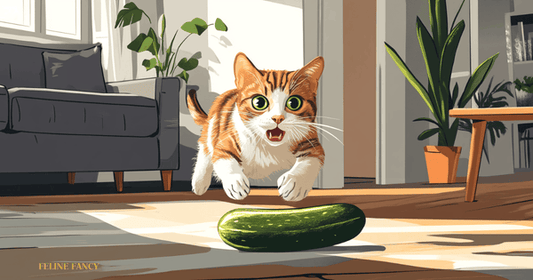 Cat scared of Cucumber with Feline Fancy Logo