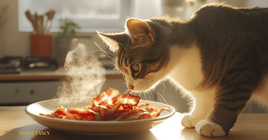 cat eating pork with Feline Fancy Logo.