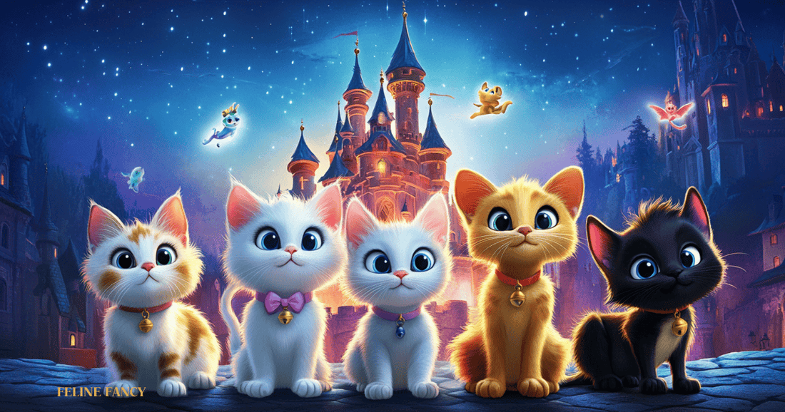 A fun and colorful animated-style poster featuring a ‘movie lineup’ of iconic Disney-inspired cats posing dramatically like superheroes.