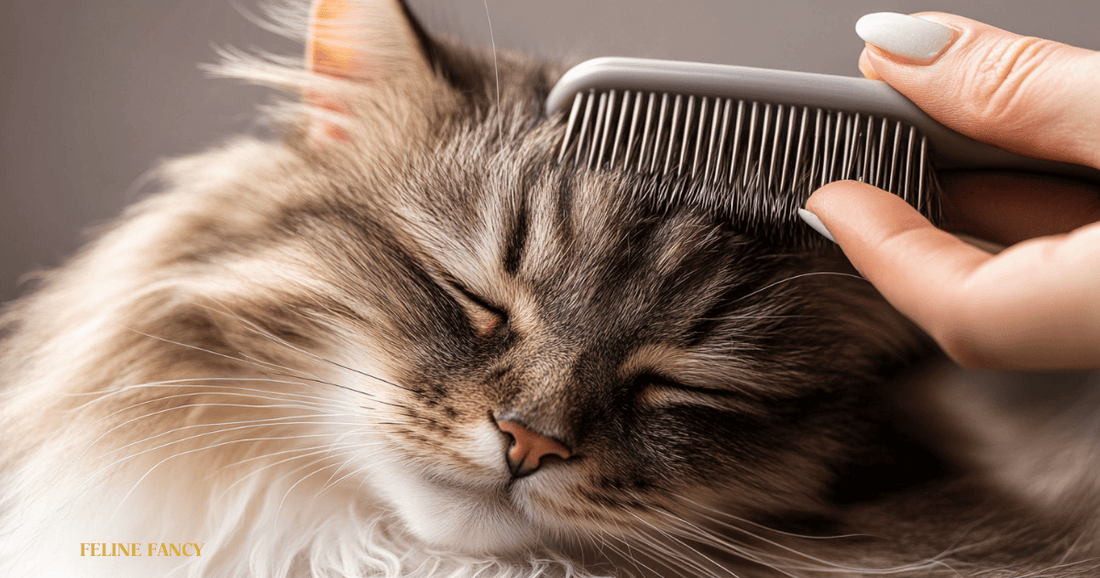  long-haired cat being gently groomed with a slicker brush.