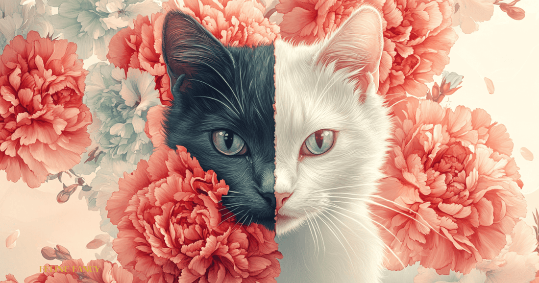 Half White and Half Black Cat surrounded by Carnations