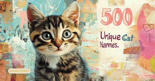  Include illustrations of diverse cats--from a mischievous tater tot to a sophisticated feline friend--along with subtle text elements that say "500 Unique Cat Names." This vibrant composition should naturally spark creativity and help pet owners feel ins