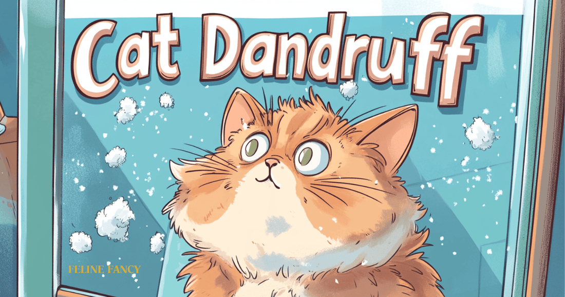 Cat Dandruff Cartoon Main Image with Feline Fancy Logo.