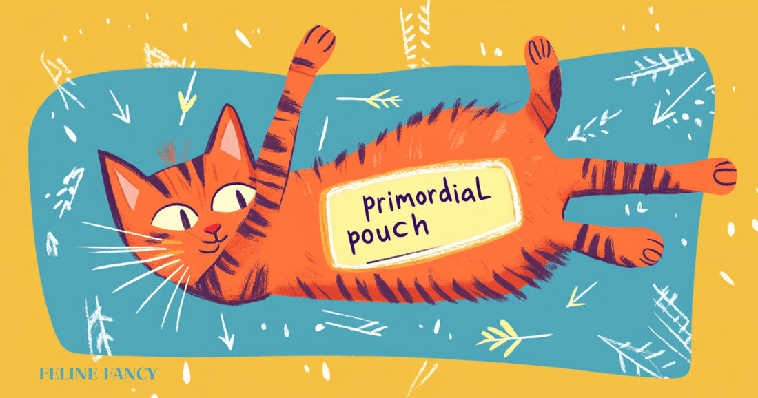 A cheerful cartoon of a cat lying upside down with its legs in the air, exaggerated belly flap labeled "primordial pouch" in bold, playful font with arrows.
