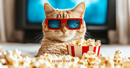 A humorous image of a cat wearing 3D glasses in front of a TV with popcorn in front.