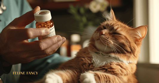 A veterinarian holding a bottle of Gabapentin while gently examining a relaxed cat.