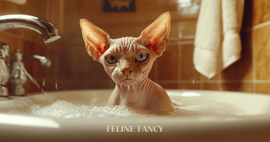 A Sphynx cat being gently bathed in a warm, modern bathroom, highlighting its hairless skin and affectionate gaze.