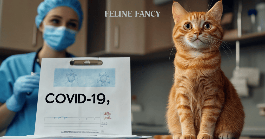 A realistic image of a cat sitting on a veterinary exam table next to a chart labeled "COVID-19," with a vet in a face mask nearby.