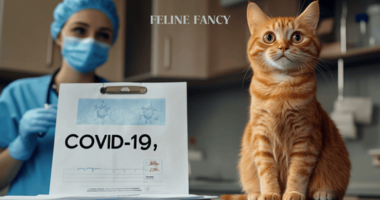 A realistic image of a cat sitting on a veterinary exam table next to a chart labeled "COVID-19," with a vet in a face mask nearby.