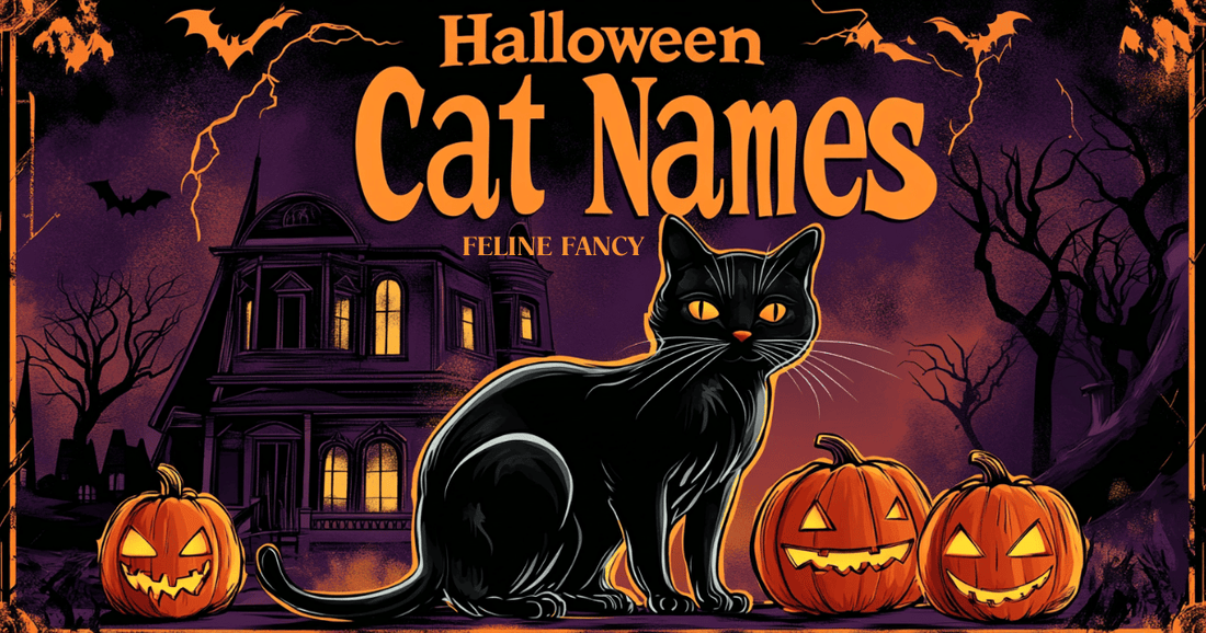 A vintage-style Halloween poster featuring a stylized black cat with arched back in front of a haunted house, jack-o'-lanterns at its feet, and lightning in the background.