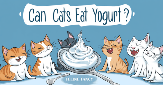 A playful illustrated banner featuring cartoon cats surrounding a giant spoonful of yogurt, each cat with a different expression, bold bubble lettering at the top says "Can Cats Eat Yogurt?"