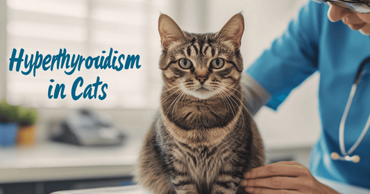 A senior cat sitting on an exam table in a bright veterinary clinic, with a caring vet gently examining the cat. 