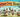 A whimsical illustrated dog park scene with various dogs playing, each labeled with a creative name