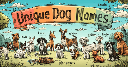 A whimsical illustrated dog park scene with various dogs playing, each labeled with a creative name