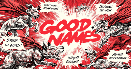 A comic book action scene with heroic dogs in capes striking dynamic poses