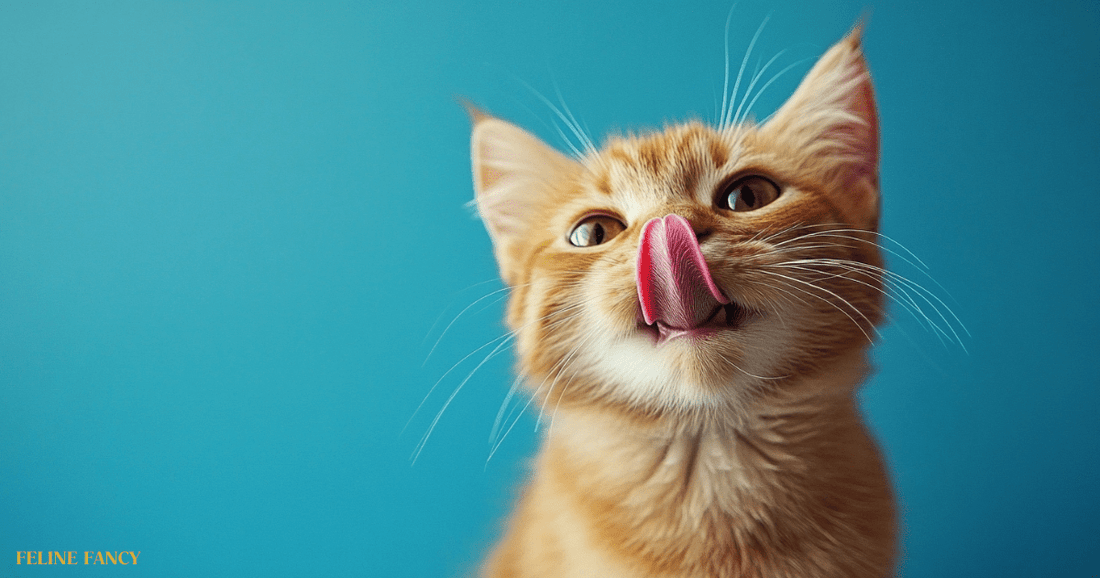 Cat sticking tongue out with Feline Fancy Logo.