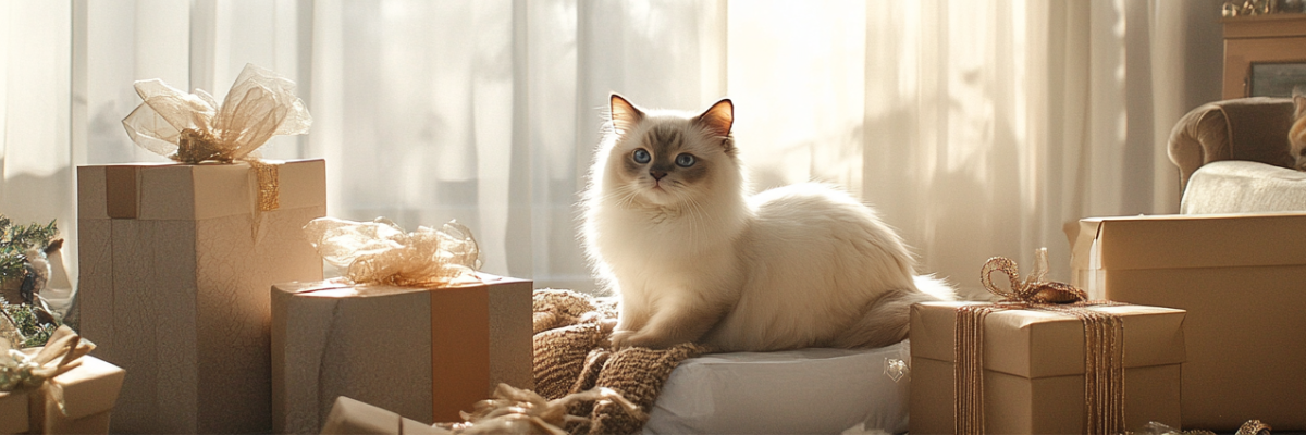 relaxed Ragdoll cats alongside contemporary gift items