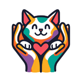 Colorful cartoon cat held in hands on a white background