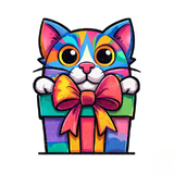 Colorful cartoon cat with a gift box on a white background