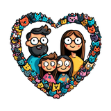Colorful illustration of a family in a heart shape with various characters around it.