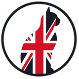 Union Jack flag inside a black circle
