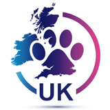 Logo with a paw print and 'UK' text, featuring blue, purple, and pink colors.