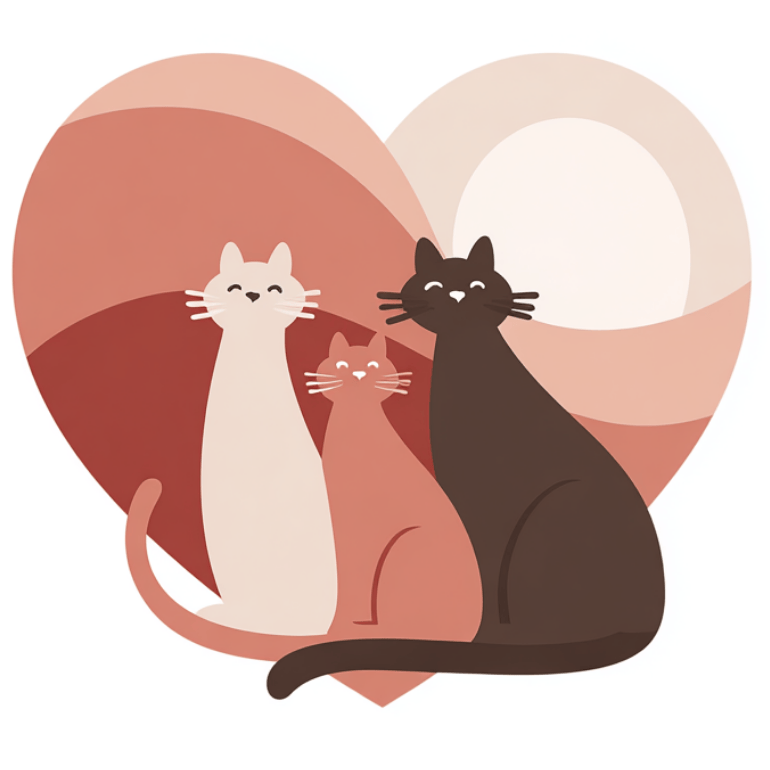 three cats in different sizes sitting together inside a heart shape