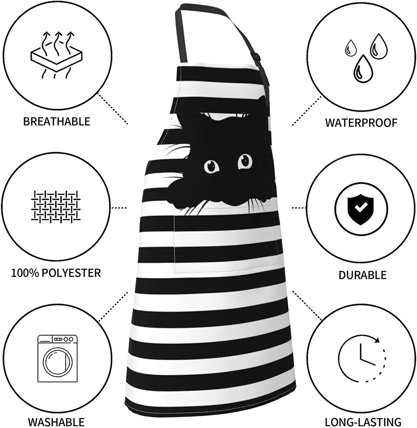 Practical Black Cat Cooking Apron with large front pockets for utensils.