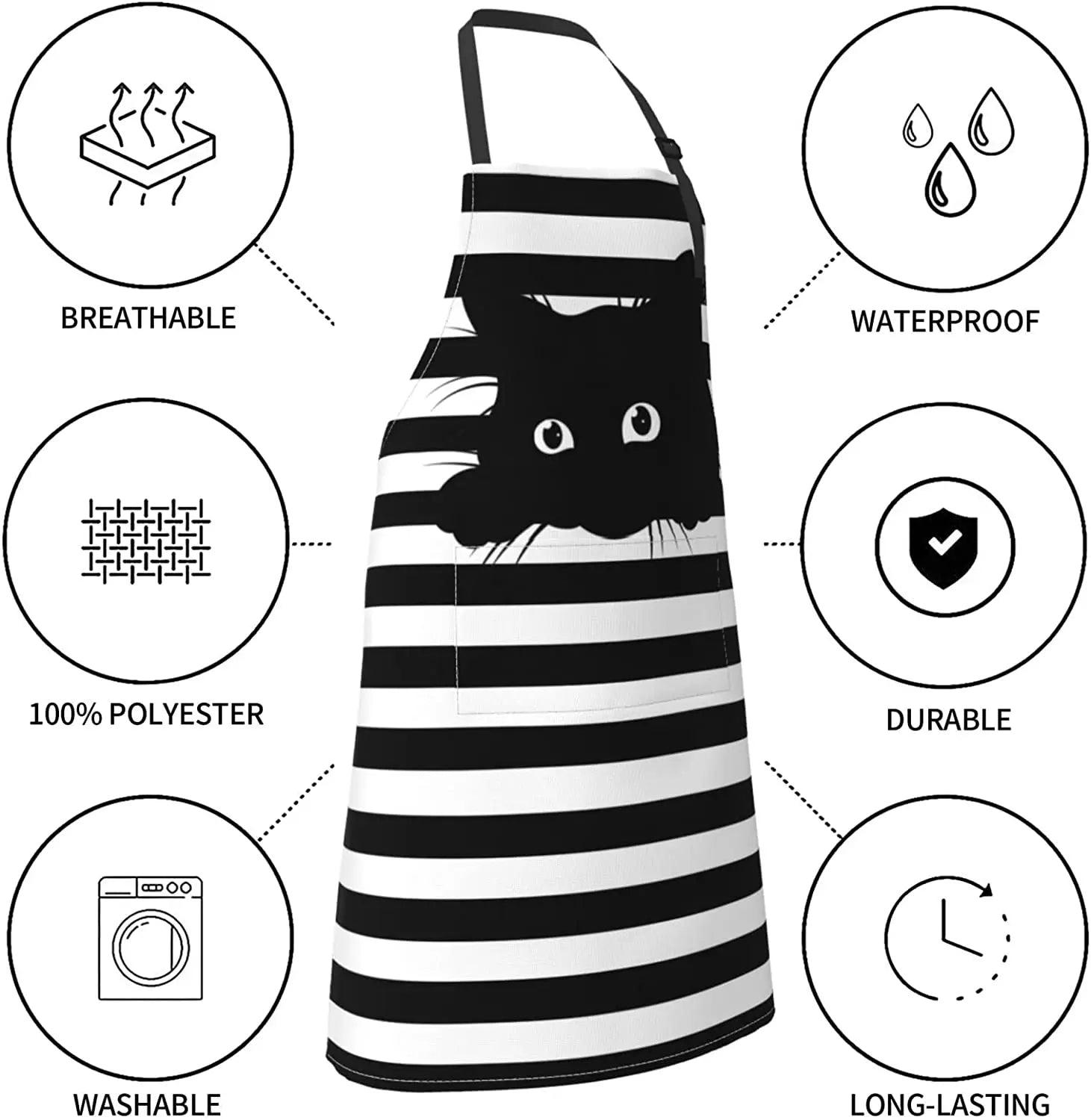 Practical Black Cat Cooking Apron with large front pockets for utensils.