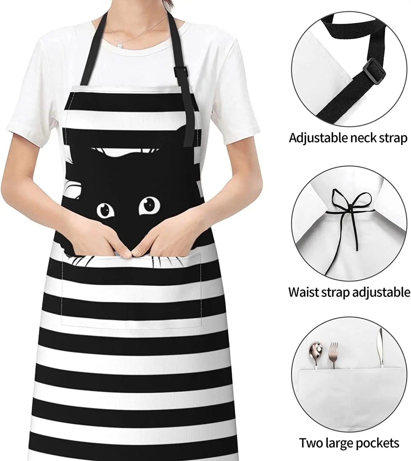 Charming Black Cat Cooking Apron, perfect for cat lovers in the kitchen.