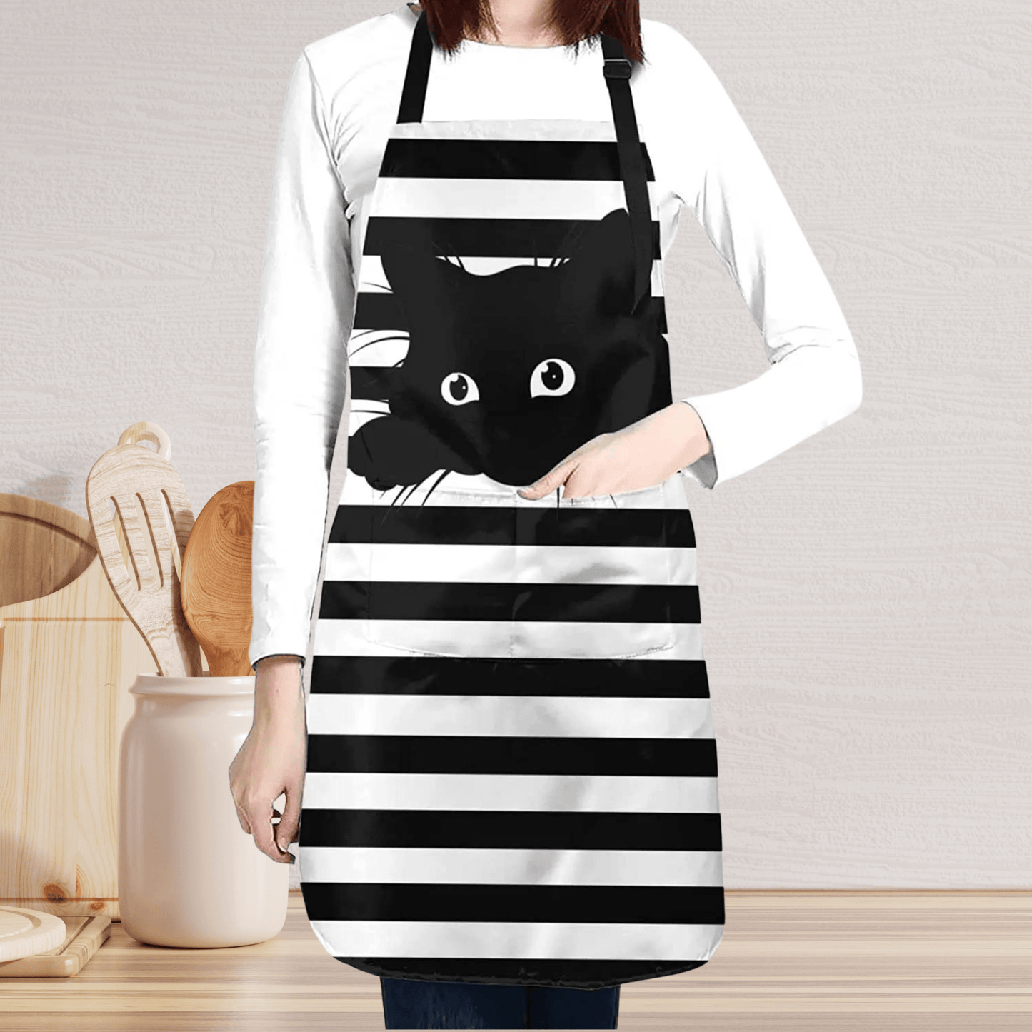 Stylish Black Cat Cooking Apron with a playful feline design.